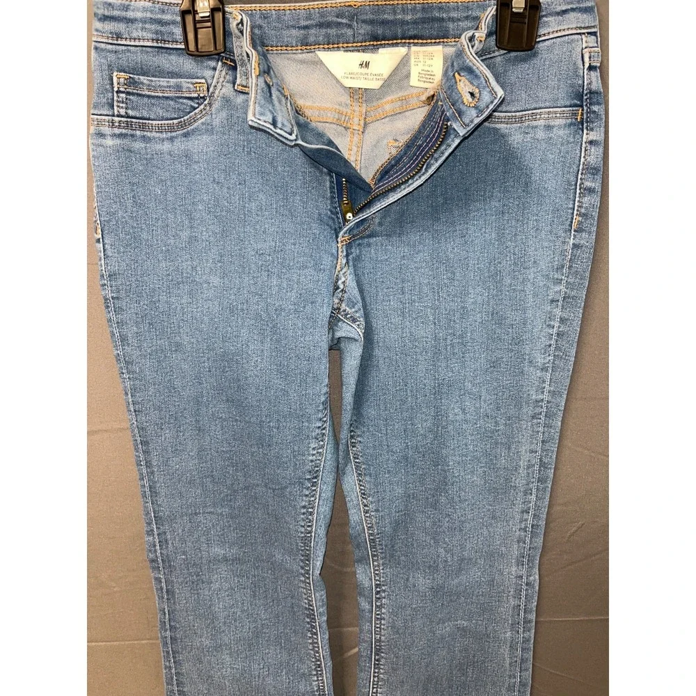 H&M Flare Low Waist Jeans Girls 14 Blue Denim Cotton Stretch Ankle‎ Slit Casual